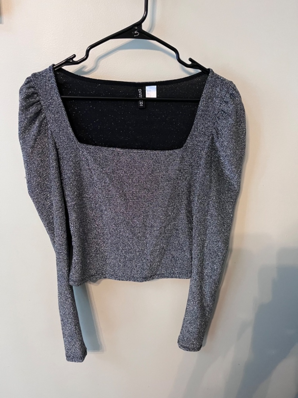 H&M Divided Metallic Silver Shimmer Puff Sleeve Square Neck Crop Top/Size M